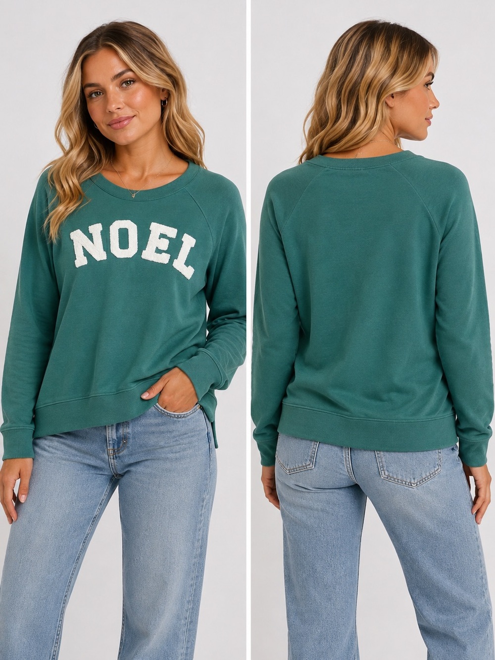Philosophy Teal Crewneck Sweatshirt with White 'NOEL' Chenille